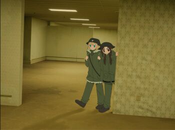 2girls :o backrooms_(creepypasta) black_hair blonde_hair blue_eyes blush brodie_helmet brown_shoes chito_(shoujo_shuumatsu_ryokou) coat combat_helmet commentary english_commentary fur-trimmed_coat fur_trim green_coat green_pants helmet highres long_hair long_sleeves low_twintails messy_hair military_uniform multiple_girls pants raviolinugget shoes shoujo_shuumatsu_ryokou stahlhelm standing tareme twintails walking yuuri_(shoujo_shuumatsu_ryokou)