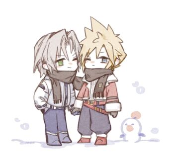 2boys belt black_pants black_scarf blonde_hair blue_eyes boots chibi chibi_only cloud_strife cloud_strife_(holiday_outfit) coat commentary final_fantasy final_fantasy_vii final_fantasy_vii:_ever_crisis fur-trimmed_coat fur_trim green_eyes grey_boots grey_hair holding_hands male_focus maoli45222137 moogle multiple_boys official_alternate_costume one_eye_closed pants parted_bangs red_belt red_boots red_coat scarf sephiroth sephiroth_(ever_crisis) sephiroth_(natant_jacket) shared_clothes shared_scarf short_hair snow snow_animal spiked_hair symbol-only_commentary white_background white_coat winter winter_clothes yaoi