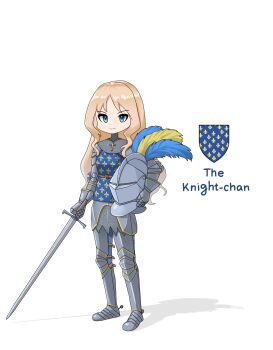 Rule 34 | 1girl, armor, belt, blonde hair, blue eyes, blue feathers, blue surcoat, chainmail, character name, closed mouth, coat of arms, commentary, cross, cross necklace, english commentary, english text, feathers, fleur-de-lis, france, full armor, full body, gauntlets, greaves, helmet, heraldry, highres, holding, holding sword, holding unworn helmet, holding weapon, invisible floor, jewelry, leochan1202, long hair, looking at viewer, medieval, necklace, original, pauldrons, plate armor, plume, real life, sabaton, shadow, shoulder armor, simple background, smile, soldier, solo, spurs, surcoat, sword, unworn headwear, unworn helmet, wavy hair, weapon, white background, yellow feathers