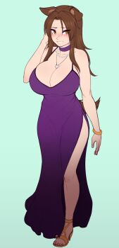 1girl animal_ears bare_legs blue_background blush borrowed_character bracelet breasts brown_eyes brown_hair choker cleavage curvy dog_ears dog_tail dress ego_trigger eyeliner female_focus formal_clothes full_body hand_in_own_hair heart_pendant highres huge_breasts jewelry lass_(ego_trigger) long_dress long_hair makeup necklace original pearl_necklace pendant purple_dress razalor sandals side_slit sleeveless sleeveless_dress solo spaghetti_strap standing tail toes yellow_eyes