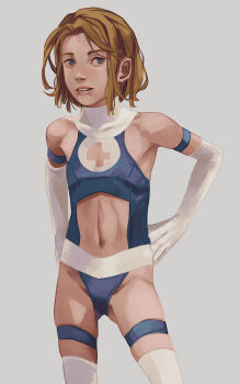 1girl aged_down armpits blonde_hair blue_eyes clothing_cutout cuess female_focus gloves hands_on_own_hips loli marvel midriff parted_lips short_hair simple_background skindentation solo stomach_cutout sue_storm thighhighs