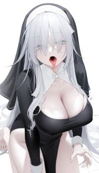 1girl absurdly_long_hair albino azur_lane bare_legs barefoot blind blunt_ends breasts collared_shirt covered_erect_nipples cross cross_necklace drooling eldritch_abomination fancy_(azur_lane) feet grey_eyes grey_hair habit hair_between_eyes highres jewelry kneeling large_breasts long_eyelashes long_hair long_sleeves looking_at_viewer multiple_tongues necklace nun ohisashiburi pale_skin saliva shirt signature solo tongue tongue_out torn_clothes very_long_hair white_background