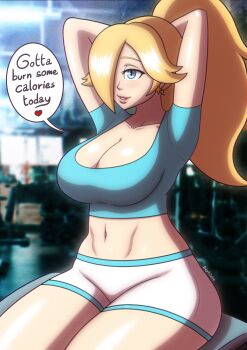 1girl abs absurdres arms_behind_head beg4cake blonde_hair blue_eyes blue_shirt breasts cleavage earrings female_focus hair_over_one_eye highres jewelry large_breasts mario_(series) midriff nintendo ponytail rosalina shirt shorts six_pack smile talking tight_clothes tight_shirt tying_hair white_shorts workout_clothes