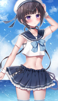 1girl beret black_choker black_hair blue_sailor_collar blue_skirt blush chain choker collarbone cropped_shirt frilled_sailor_collar frilled_skirt frills hat highres idolmaster idolmaster_cinderella_girls navel outdoors purple_eyes sailor_collar sakura_umi school_uniform serafuku shirayuki_chiyo shirt short_hair skirt sleeveless sleeveless_shirt solo stomach wading white_hat white_shirt wrist_cuffs