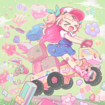 &gt;_&lt; 1girl album_cover baseball_cap blonde_hair blue_skirt blush_stickers camellia_(musician) chair commentary_request cover flower game_boy game_boy_(original) grass hair_ribbon handheld_game_console hat highres indie_utaite long_hair mamimu_(ma-mi-mu.me) movin6! nanahira official_alternate_costume official_art open_mouth overall_skirt pink_socks plant potted_plant ribbon skirt socks two_side_up utaite vehicle_request