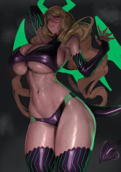 Rule 34 | 1girl, akutsu kirara, black gloves, breasts, cleavage, cleavage cutout, clothing cutout, commentary, demon horns, demon wings, elbow gloves, english commentary, eu03, gloves, green horns, green nails, green wings, gyaru, heart, horns, huge breasts, jewelry, linea alba, lips, mahou shoujo (raita), mole, mole under mouth, nail polish, navel, ring, sketch, solo, sweat, tongue, very sweaty, wings