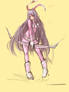 1girl animal_ears blush bodysuit bow_(weapon) cosplay dino_buckler female_focus gloves highres kyouryuu_sentai_zyuranger long_hair panties_(pantsu-pirate) ptera_ranger pteraranger purple_hair rabbit_ears red_eyes reisen_udongein_inaba simple_background solo super_sentai touhou very_long_hair weapon white_gloves