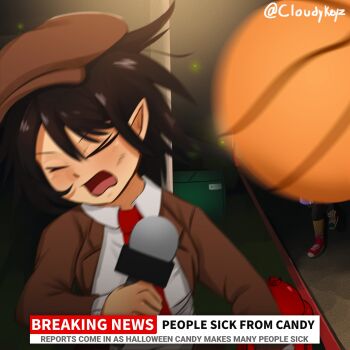 2girls ball basketball_(object) basketball_uniform black_hair brown_eyes brown_jacket cloudykeyz commentary dumpster english_text fake_screenshot fire_hydrant fireflies halloween halloween_bucket halloween_costume hat highres holding holding_microphone jacket lamppost leggings microphone motion_blur multiple_girls news newsboy_cap night open_mouth pointy_ears shameimaru_aya shameimaru_aya_(newsboy) short_hair sportswear subtitled suit_jacket touhou touhou_lostword upper_body wriggle_nightbug wriggle_nightbug_(worm_moon_firefly)