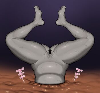 Rule 34 | 1girl, barefoot, bowlegged pose, censored, colored skin, completely nude, cracked skin, exhatomi, gluteal fold, grey skin, groin, highres, inugami-ke no ichizoku pose, legs, lower body, nude, original, petrification, pubic hair, pussy, sound effects, statue, stone skin, stuck, transformation, upside-down