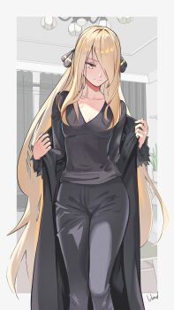 1girl absurdres black_coat black_pants black_shirt blonde_hair breasts chandelier cleavage closed_mouth coat cowboy_shot cynthia_(pokemon) fur-trimmed_coat fur-trimmed_sleeves fur_trim grey_eyes hair_ornament hair_over_one_eye highres kashumashux51 long_hair medium_breasts nintendo pants pokemon pokemon_dppt revision shirt solo very_long_hair