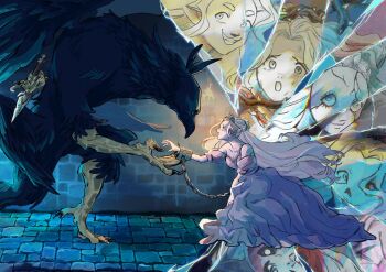 Rule 34 | 1boy, 1girl, animal nose, bare shoulders, beak, bird boy, claws, cracked mask, cracked screen, cuffs, dagger, dress, dungeon, highres, knife, long hair, multiple persona, pointy ears, princess (slay the princess), rikoicoico, shackles, skeletal face, slay the princess, strapless, strapless dress, talons, the beast (slay the princess), the hero (slay the princess), the nightmare (slay the princess), the spectre (slay the princess), the thorn (slay the princess), the witch (slay the princess), thick eyebrows, thorns, tiara, very long hair, weapon, wings