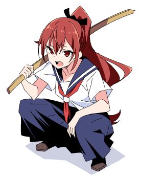 Rule 34 | 1girl, anbe masahiro, blue sailor collar, blue skirt, brown eyes, brown shoes, character request, copyright request, delinquent, hand on own knee, highres, long skirt, open mouth, pale skin, ponytail, red hair, sailor collar, school uniform, serafuku, shadow, shoes, short sleeves, simple background, skirt, slav squatting, solo, squatting, sukeban, white background