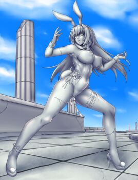 1girl animal_ear_hairband animal_ears armpits bare_arms bare_shoulders blue_sky bow bowtie breasts brick cameltoe cloud colored_eyelashes colored_sclera colored_skin column covered_erect_nipples covered_groin covered_navel cracked_skin fake_animal_ears fake_tail fate/grand_order fate_(series) female_ejaculation female_ejaculation_through_clothes fighting_stance floating_hair flower frilled_thigh_strap from_below full_body gluteal_fold grey_flower grey_hair grey_hairband grey_leotard grey_rose grey_sclera grey_shoes grey_skin grey_tail grey_wrist_cuffs hairband hands_up high_heels highleg highleg_leotard highres large_breasts large_variant_set leotard lips long_hair ningyoushi no_irises no_pupils outdoors parted_lips petrification pillar playboy_bunny pom_pom_(clothes) pupiless_eyes rabbit_ears rabbit_tail rose ruins scathach_(fate) scathach_(piercing_bunny)_(fate) shoes side-tie_leotard sidelocks sky solid_eyes solo spread_legs standing statue stone_floor stone_skin strapless strapless_leotard tail thigh_strap tile_floor tiles toned toned_female transformation turning_head v-shaped_eyebrows variant_set wrist_cuffs