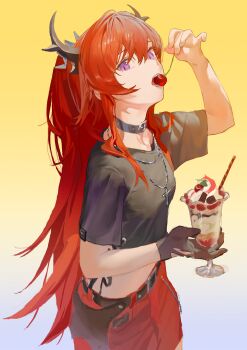 1girl absurdres arknights belt belt_collar black_belt black_gloves black_shirt breasts cherry chinese_commentary collar commentary_request cowboy_shot cropped_shirt cross cross_necklace cup demon_horns denim denim_skirt drinking_glass food food_in_mouth from_above from_side fruit gloves gradient_background hair_between_eyes highres holding holding_cup horns jewelry long_hair looking_at_viewer looking_up medium_breasts midriff miniskirt necklace official_alternate_costume open_mouth parfait parfait_glass ponytail purple_eyes red_hair red_skirt shi-fan_jin-jian shirt short_sleeves sidelocks simple_background single_glove skirt solo surtr_(arknights) surtr_(liberte_echec)_(arknights)