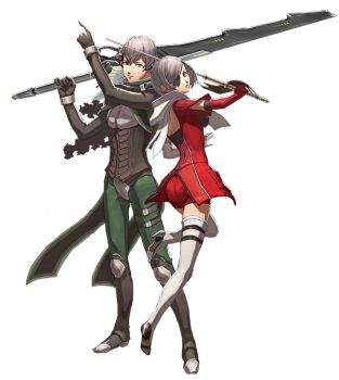 1boy 1girl artist_request azura_(megami_tensei) blue_eyes boots dress eyepatch gloves green_pants grey_hair high_heel_boots high_heels holding holding_weapon official_art pants pointing red_dress red_gloves setsu_(megami_tensei) shin_megami_tensei shin_megami_tensei_imagine thigh_boots third-party_source transparent_background weapon