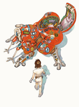 1girl absurdres akira_(manga) akira_movie_poster belt black_hair ghost_in_the_shell gloves grey_gloves gun handgun highres kusanagi_motoko machinery non-humanoid_robot ootomo_katsuhiro open_cockpit robot shadow short_hair sticker subaru_(brand) union_jack weapon white_background