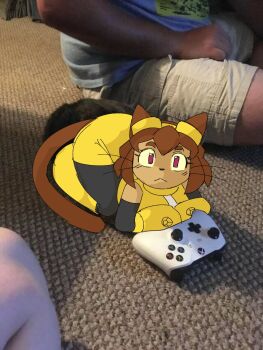 1girl :< all_fours animal_ears brown_hair cat_ears cat_girl cat_tail closed_mouth commentary dark-skinned_female dark_skin drawligator dress full_body furry furry_female gameoverse highres kit_bodega looking_at_viewer photo_background red_eyes short_hair tail untranslatable_commentary yellow_dress