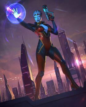 1girl absurdres alien asari_(mass_effect) black_bodysuit blue_skin bodysuit breasts building city clip_studio_paint_(medium) colored_skin commentary dalejomej english_commentary full_moon gun hand_up highres holding holding_gun holding_weapon mass_effect_(series) medium_breasts moon multicolored_bodysuit red_bodysuit samara_(mass_effect) skyscraper solo two-tone_bodysuit weapon