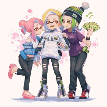 1boy 2girls absurdres banknote beanie blonde_hair colored_tongue ed_(jinko) girl_sandwich green_eyes green_hair green_tongue hat hetero high_heels highres inkling inkling_boy inkling_girl inkling_player_character jacket jinkoika money multiple_girls navel nintendo octoling octoling_girl octoling_player_character open_mouth orange_eyes pink_hair pink_shoes platform_heels platform_shoes pointy_ears pom_pom_(clothes) pom_pom_beanie purple_shirt sandwiched shirt shoes short_hair splatoon_(series) splatoon_3 tentacle_hair tentacles tongue tongue_out white_jacket white_shoes yellow_eyes