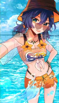 1girl absurdres bare_shoulders belle_(summer_skies)_(zenless_zone_zero) belle_(zenless_zone_zero) bikini bikini_bottom_under_shorts bikini_top_under_shirt bikini_under_clothes blue_hair blue_sky bracelet breasts bucket_hat cleavage cloud collarbone commentary cowboy_shot crossed_bangs fish_hat green_eyes hair_between_eyes hair_ornament hat heart heart-shaped_eyewear highres horizon jewelry letter_hair_ornament medium_breasts midriff navel ocean off-shoulder_shirt off_shoulder official_alternate_costume orange_bikini orange_shorts outdoors see-through_clothes see-through_shirt shirt short_hair shorts sky solo sphere_hair_ornament splashing sshooooe sunglasses swimsuit tied_shirt tongue tongue_out wading water zenless_zone_zero