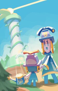 2girls :d blue_eyes blue_sky connie_(mario) cozette_(mario) day hand_up hashtag-only_commentary height_difference highres holding holding_hands holding_watering_can legs_apart lighthouse looking_at_another mario_&amp;_luigi:_brothership mario_&amp;_luigi_rpg mario_(series) monyorun multiple_girls nintendo no_pupils open_mouth sky smile sparkle standing tree walking watering_can