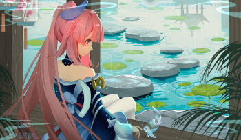 1girl absurdres bare_shoulders blunt_bangs closed_mouth dress fish from_behind genshin_impact hair_ornament highres japanese_clothes long_hair long_sleeves pink_hair rain sangonomiya_kokomi sitting solo strapless strapless_dress tagme thighhighs w-t white_thighhighs