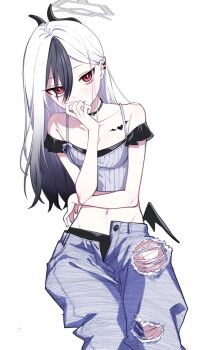 1girl black_choker black_horns black_shorts black_wings blue_archive blush breasts camisole choker collarbone commentary demon_horns denim ear_piercing grey_camisole grey_pants groin hair_between_eyes highres horns jeans kayoko_(blue_archive) kisaka long_hair looking_at_viewer multicolored_hair navel pants parted_lips piercing red_eyes shorts single_wing small_breasts solo symbol-only_commentary tattoo torn_clothes torn_jeans torn_pants two-tone_hair white_hair wings