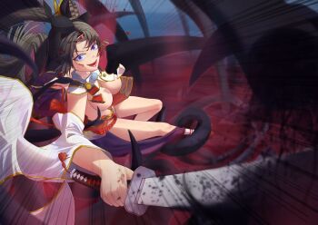 1girl armor asymmetrical_clothes asymmetrical_sleeves black_hair blue_eyes breast_curtains breasts chinese_commentary commentary_request detached_sleeves fate/grand_order fate_(series) feather_hair_ornament feathers hair_ornament hat holding holding_sword holding_weapon japanese_armor katana kusazuri long_hair looking_at_viewer medium_breasts mismatched_sleeves open_mouth parted_bangs purple_sleeves revealing_clothes shoulder_armor side_ponytail single_pantsleg smile sode solo sword tassel tate_eboshi tentacles ushiwakamaru_(fate) ushiwakamaru_(second_ascension)_(fate) very_long_hair weapon white_sleeves wide_sleeves zq