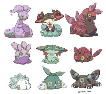 alternate_color artist_name button_eyes buttons character_doll doll dragapult dreepy gen_2_pokemon gen_5_pokemon gen_6_pokemon gen_8_pokemon goodra goomy highres nintendo no_humans pokemon scolipede shiny_pokemon signature simple_background snom still_life stitches torori_toro_(oimo_kenpi) trubbish twitter_username umbreon venipede white_background