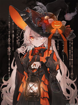 1girl black_background black_bow black_bowtie black_dress black_hat black_sleeves bow bowtie commentary_request dress frown grey_eyes grey_hair halloween hat hat_ribbon heterochromia holding holding_lantern jack-o&#039;-lantern jewelry lantern long_hair orange_dress orange_eyes orange_ribbon original puffy_short_sleeves puffy_sleeves ribbon ring shiromine_kana short_sleeves simple_background solo twitter_username two-tone_dress very_long_hair watermark will-o&#039;-the-wisp_(mythology) witch witch_hat