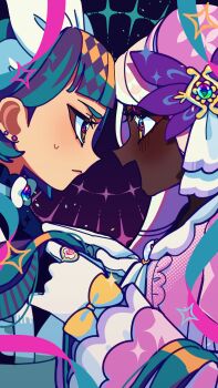 2girls absurdres apron ascot blunt_bangs bow bowtie braid braided_ponytail dark-skinned_female dark_skin dress frilled_ascot frills gold_ring green_hair heart_ring highres jacinthe_(pokemon) juliet_sleeves lebanne_(pokemon) long_braid long_hair long_sleeves low_drills maid maid_apron maid_headdress master_and_servant mega_stone mochi_(buchumi10) multiple_girls nintendo open_mouth pink_lips pokemon pokemon_legends:_z-a puffy_sleeves purple_dress smile sweatdrop upper_body very_dark_skin white_bow white_bowtie