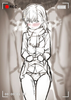 Rule 34 | 1girl, battery indicator, blush, clothes lift, cowboy shot, crowd, embarrassed, flower, gluteal fold, hair flower, hair ornament, isshi pyuma, lifting own clothes, looking at viewer, misaka mikoto, monochrome, panties, pleated skirt, pout, recording, scarf, sepia, short hair, sketch, skirt, spot color, standing, thighs, toaru kagaku no railgun, toaru majutsu no index, twitter username, underwear, viewfinder