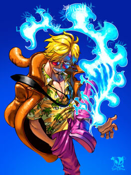 Rule 34 | 1boy, absurdres, blonde hair, blue fire, borudbrian, cigarette, curly eyebrows, diable jambe, fire, flaming leg, hawaiian shirt, highres, ifrit jambe, jacket, jacket on shoulders, leg up, male focus, one piece, open clothes, open jacket, pants, pink pants, sanji (one piece), shirt, solo, sunglasses, tinted eyewear, toned, toned male