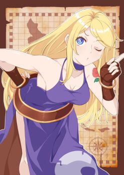 1girl arm_tattoo b._jenet blonde_hair blowing_kiss blue_eyes breasts cleavage dress fatal_fury fingerless_gloves garou:_mark_of_the_wolves gloves hand_on_own_hip highres index_finger_raised large_breasts leaning_forward legs long_hair map one_eye_closed puckered_lips sideboob snk solo tattoo the_king_of_fighters thighs