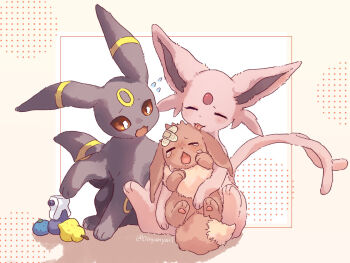 bandaid bandaid_on_head berry_(pokemon) black_fur blush brown_fur closed_eyes commentary_request crying eevee espeon flying_sweatdrops full_body fur_collar gen_1_pokemon gen_2_pokemon licking_another&#039;s_head looking_at_another nintendo no_humans oinyanyari open_mouth pokemon pokemon_(creature) pokemon_focus potion_(pokemon) purple_fur red_eyes sitting sitting_on_lap sitting_on_person tail tears tongue tongue_out twitter_username umbreon