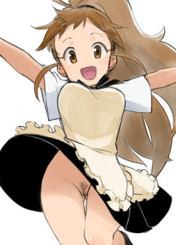 Rule 34 | 1girl, :d, absurdres, apron, bad id, bad pixiv id, beige apron, black skirt, black socks, breasts, brown eyes, brown hair, clothes lift, cowboy shot, employee uniform, female focus, female pubic hair, frilled apron, frills, gluteal fold, highres, jumping, long hair, looking at viewer, no panties, ogihara mach, open mouth, ponytail, pubic hair, pussy, shirt, simple background, skirt, skirt lift, smile, socks, solo, taneshima popura, thigh gap, uncensored, very long hair, wagnaria uniform, waitress, white background, white shirt, wind, wind lift, working!!