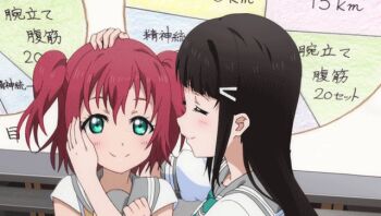 10s 2girls animated animated_gif anime_screenshot black_hair blush chart excited graph green_eyes hair_ornament hairclip happy kurosawa_dia kurosawa_ruby love_live! love_live!_sunshine!! multiple_girls pie_chart red_hair school_uniform serafuku shaking_head siblings sisters smile two_side_up