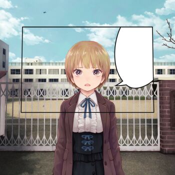 1girl aircraft airplane bare_tree blank_speech_bubble blue_sky brown_hair cloud coat commentary_request looking_at_viewer open_clothes open_coat open_mouth original outdoors school_gateway short_hair sky solo speech_bubble tree yajirushi_(chanoma)