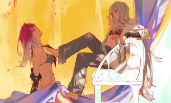 2girls arms_behind_back baggy_pants bare_arms bare_shoulders barefoot bottomless bound bound_arms bra breasts chain chair chinese_commentary choker clothes_grab commentary condom coquelic_(path_to_nowhere) curtains detached_collar diagonal-striped_clothes diagonal-striped_necktie eye_contact from_side gradient_hair grey_bra grey_pants head_back highres holding holding_chain holding_condom kneeling linea_alba long_hair looking_at_another medium_breasts multicolored_hair multiple_girls navel necktie necktie_grab neckwear_grab nie_guai on_chair open_clothes open_shirt pants parted_lips path_to_nowhere profile purple_hair red_choker red_eyes red_necktie red_tube_top shalom_(path_to_nowhere) shirt sitting smile stomach strapless striped_clothes tube_top underboob underwear very_long_hair white_hair white_shirt yellow_background yuri