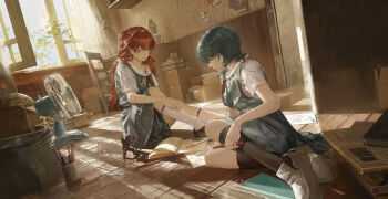 2girls absurdres ayanami_rei bag black_bag black_shoes black_socks blue_eyes blue_sky book book_stack box cardboard_box closed_mouth commentary_request curtains day desk desk_lamp drawing_(object) electric_fan eva_01 figure full_body highres holding holding_marker indoors interface_headset_(evangelion) kneehighs knees_up lamp long_hair marker multiple_girls neck_ribbon neon_genesis_evangelion notebook on_floor open_window own_hands_together rebubing red_eyes ribbon school_bag school_uniform shirt shoes short_hair short_sleeves sitting skirt sky socks souryuu_asuka_langley sunlight suspender_skirt suspenders tokyo-3_middle_school_uniform white_shirt white_shoes white_socks window window_shadow wooden_floor yokozuwari