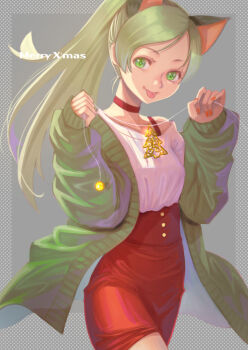 1girl :p animal_ears bra_strap cardigan cat_ears cat_girl choker christmas_tree closed_mouth commentary cowboy_shot english_commentary english_text green_cardigan green_eyes high-waist_skirt holding holding_string jj_(ssspulse) kemonomimi_mode long_hair long_sleeves looking_at_viewer merry_christmas minamino_kanade miniskirt precure red_choker red_skirt shirt skirt smile solo standing string suite_precure swept_bangs tongue tongue_out white_shirt