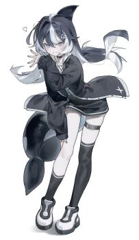Rule 34 | 1girl, absurdres, asymmetrical legwear, belt, black hair, black jacket, black socks, black thighhighs, commentary, english commentary, full body, grey eyes, grey hair, hair ornament, heart, highres, huu (dighapdlxm12), jacket, long hair, long sleeves, looking at viewer, multicolored hair, open clothes, open jacket, orca girl, original, parted lips, shoes, simple background, smile, socks, solo, standing, thigh belt, thigh strap, thighhighs, two-tone hair, uneven legwear, white background, white shoes