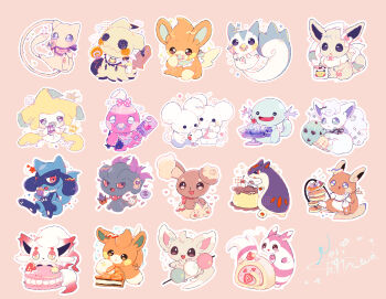 absurdres alolan_form alolan_raichu alolan_vulpix alternate_color baby baby_bottle banchiku bib black_eyes blue_eyes bottle buneary candy carrying carrying_baby carrying_person cherry corviknight cosplay cup dango drifloon eevee food fork fruit furret gastly gelatin gen_1_pokemon gen_2_pokemon gen_3_pokemon gen_4_pokemon gen_5_pokemon gen_6_pokemon gen_7_pokemon gen_8_pokemon highres hisuian_zorua holding holding_candy holding_food holding_fork holding_lollipop jirachi legendary_pokemon litwick lollipop maushold mew_(pokemon) mimikyu minccino mint_chocolate misdreavus muffin mug mythical_pokemon nintendo pachirisu pacifier pancake pawmi pawmo pikachu pink_background pokemon pokemon_(creature) pudding pumpkaboo quilava rattle riolu shiny_pokemon sylveon sylveon_(cosplay) tinkatink wagashi wooper