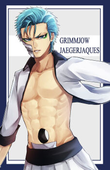 Rule 34 | 1046sstep btoh, 1boy, abs, bleach, blue eyes, blue hair, broken mask, character name, commentary request, eyeliner, green eyeliner, grimmjow jaegerjaquez, highres, hole in stomach, jacket, makeup, male focus, mask, no shirt, pectorals, serious, solo, toned, toned male, upper body, v-shaped eyebrows, white jacket