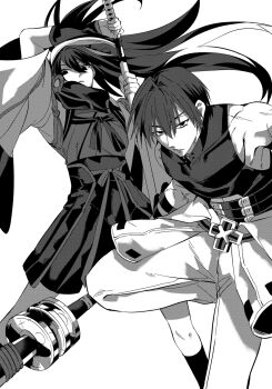 1boy 1girl armband bare_arms belt closed_mouth clothes_around_waist commentary cross drawing_sword fate/grand_order fate_(series) greyscale hakama hakama_skirt harada_sanosuke_(fate) highres holding holding_polearm holding_sword holding_weapon iz_(izit_unk) japanese_clothes kawakami_gensai_(fate) kawakami_gensai_(first_ascension)_(fate) long_hair looking_at_viewer monochrome multiple_belts muscular muscular_male no_pupils parted_lips polearm scar scar_on_arm shirt short_hair skirt sleeveless sleeveless_shirt standing sword waist_ribbon weapon wide_sleeves