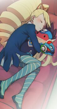 1girl bad_id bad_twitter_id blonde_hair blue_dress blue_pantyhose blush bow closed_eyes dress drill_hair geo_stelar_(mega_man) hair_bow highres holding holding_stuffed_toy long_hair luna_platz_(mega_man) lying mega_man_(series) mega_man_star_force_(series) okkuu_(oexistcm) omega-xis_(mega_man) on_side pantyhose sleeping star_force_mega_man striped_clothes striped_pantyhose stuffed_animal stuffed_toy twin_drills very_long_hair