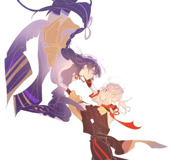 1boy 1girl ahoge back_bow blunt_bangs bow braid breasts bridal_gauntlets chinese_commentary cleavage closed_mouth couple floating from_side genshin_impact hair_between_eyes hair_ribbon hetero highres huge_ahoge japanese_clothes kaedehara_kazuha kimono large_breasts long_braid looking_at_another looking_down looking_up low_ponytail mengaijiang924 mitsudomoe_(shape) multicolored_hair neck_ribbon ponytail purple_eyes purple_hair purple_kimono purple_ribbon raiden_shogun red_eyes red_ribbon ribbon short_hair short_sleeves simple_background single_braid standing streaked_hair tomoe_(symbol) upper_body white_background white_hair wide_sleeves