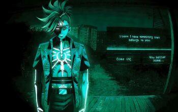 1boy :d abs arm_markings belt belt_collar bk_works buzz_cut chest_markings collar crossover dark dialogue_options dragon_boy_(to_be_hero_x) english_text facial_mark forehead_mark glowing glowing_eyes green_theme hairstyle_request hawaiian_shirt leaf_print looking_at_viewer male_focus night no_i&#039;m_not_a_human open_mouth partially_shaded_face porch shirt short_hair single_empty_eye skeleton_print smile smirk solo t-shirt to_be_hero to_be_hero_x toned toned_male very_short_hair