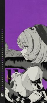 1girl absurdres artist_request bare_shoulders beret breasts calendar_(medium) commentary curly_hair english_commentary english_text from_side greyscale hat highres large_breasts mole mole_under_mouth monochrome monster_girl nail_polish official_art purple_background scylla short_hair solo tentacle_girl tentacles upper_body yidhari_murphy zenless_zone_zero