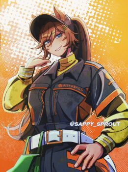 1girl alternate_costume animal_ears autobacs belt black_jacket black_jumpsuit black_pants blue_eyes breasts brown_hair ears_through_headwear grin hair_between_eyes hair_ornament hairclip hat highres horse_ears horse_girl jacket jumpsuit layered_sleeves long_hair long_sleeves looking_at_viewer mr._c.b._(umamusume) open_mouth pants ponytail sappy_sprout shirt short_over_long_sleeves short_sleeves smile solo umamusume white_belt yellow_shirt